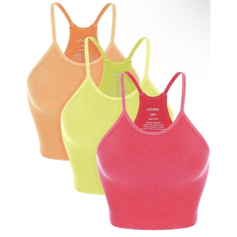ODODOS Womens Crop 3 Pack Seamless Rib-Knit Tank Tops Size XS Neon Pink Yellow